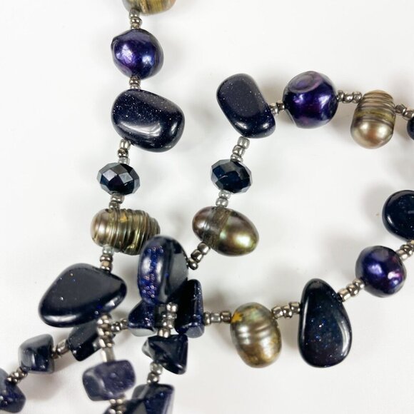 Blue Goldstone Pendant Necklace Pearls Gemstone Chunks Beads Artisan - Picture 5 of 5